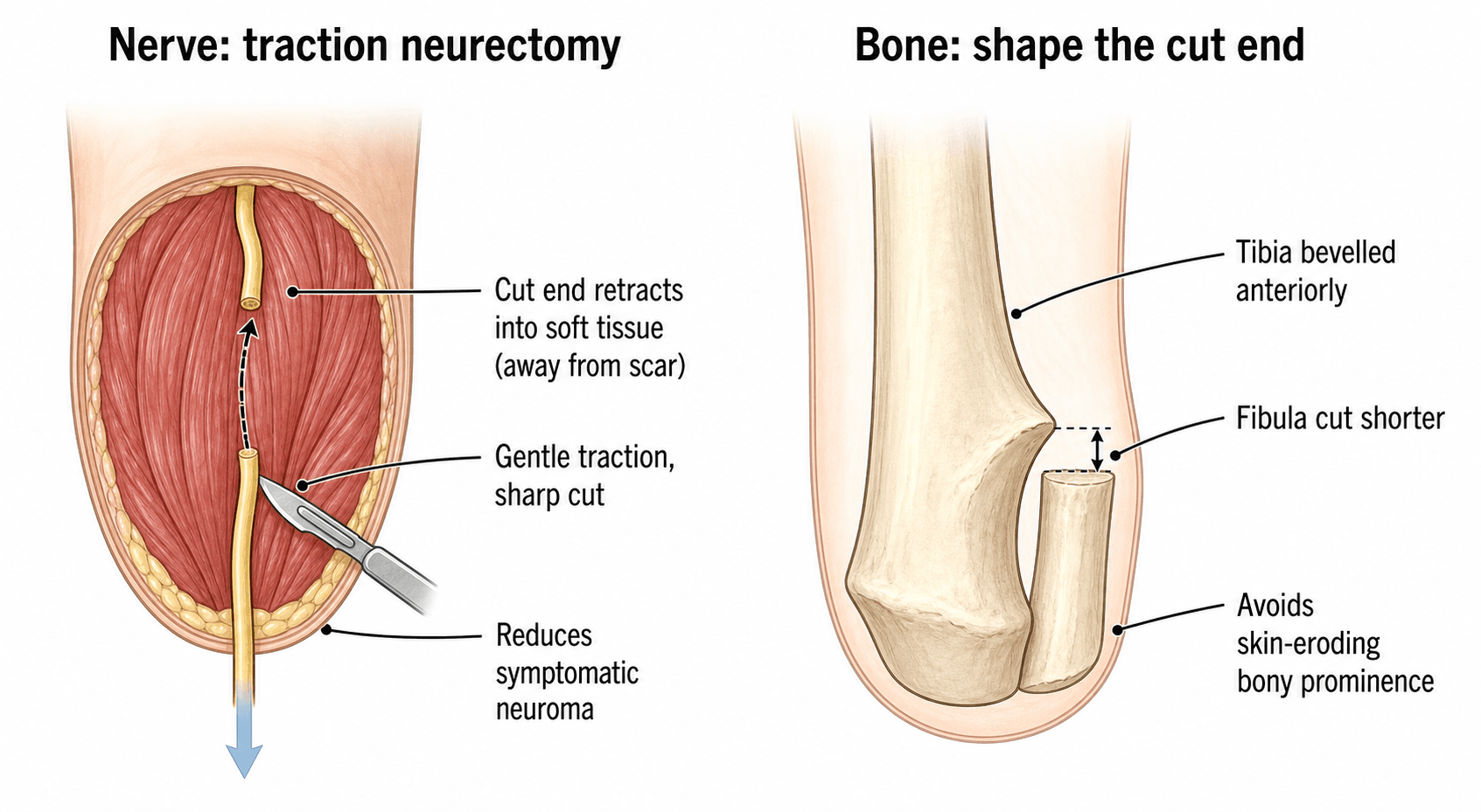 Diagram of nerve traction neurectomy and bone shaping principles in amputation.
