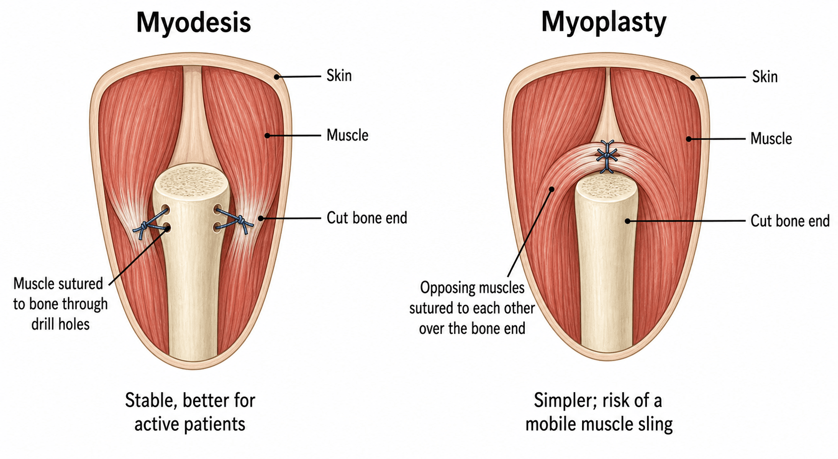 Diagram comparing myodesis and myoplasty muscle stabilisation at an amputation stump.
