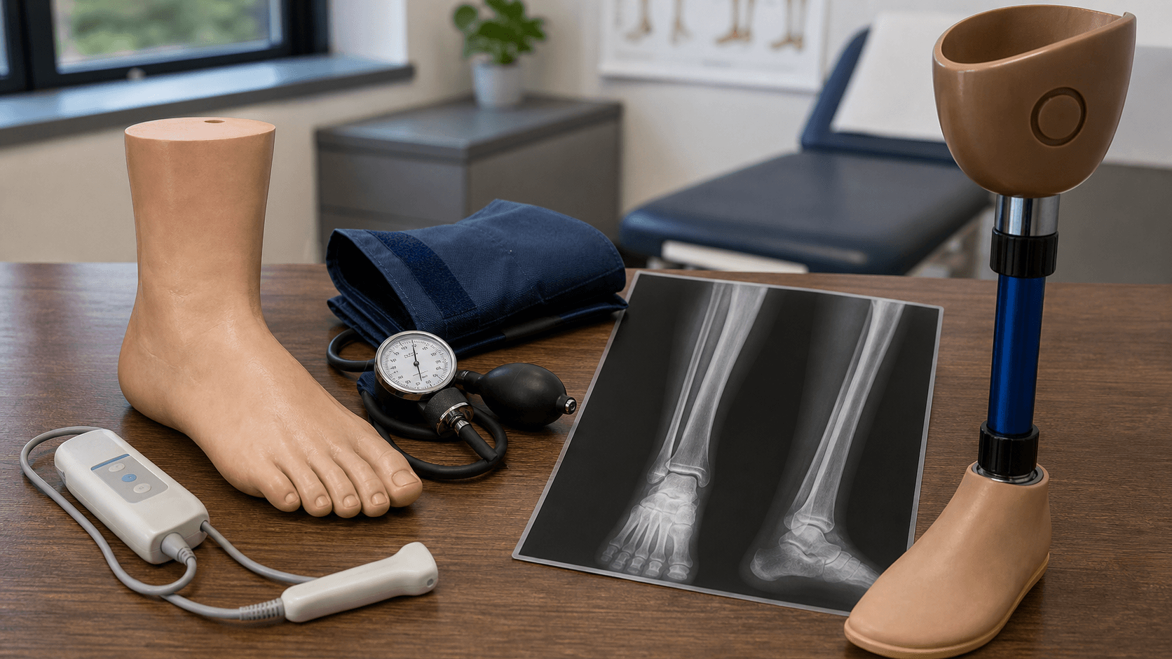 Clinical planning setup with lower limb model, vascular assessment tools, radiograph and prosthetic socket