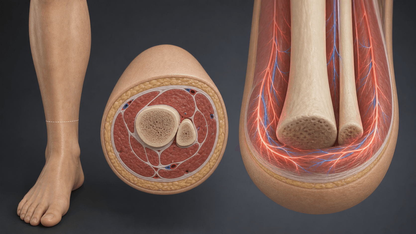 Three-dimensional lower limb residual-limb planning model showing soft tissue envelope, vascularity and rounded bone end