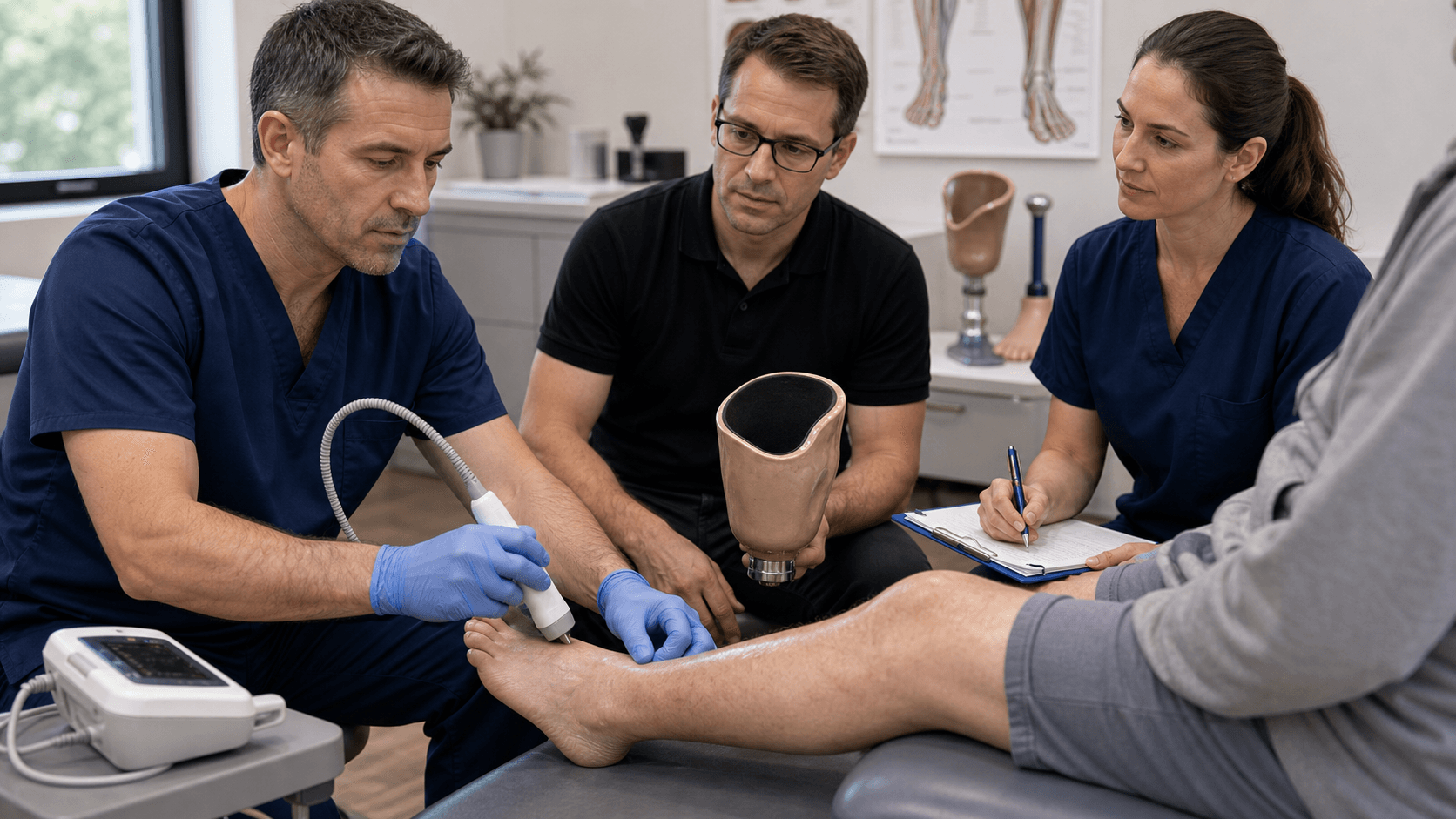 Preoperative limb assessment with Doppler probe, vascular examination and prosthetic socket planning