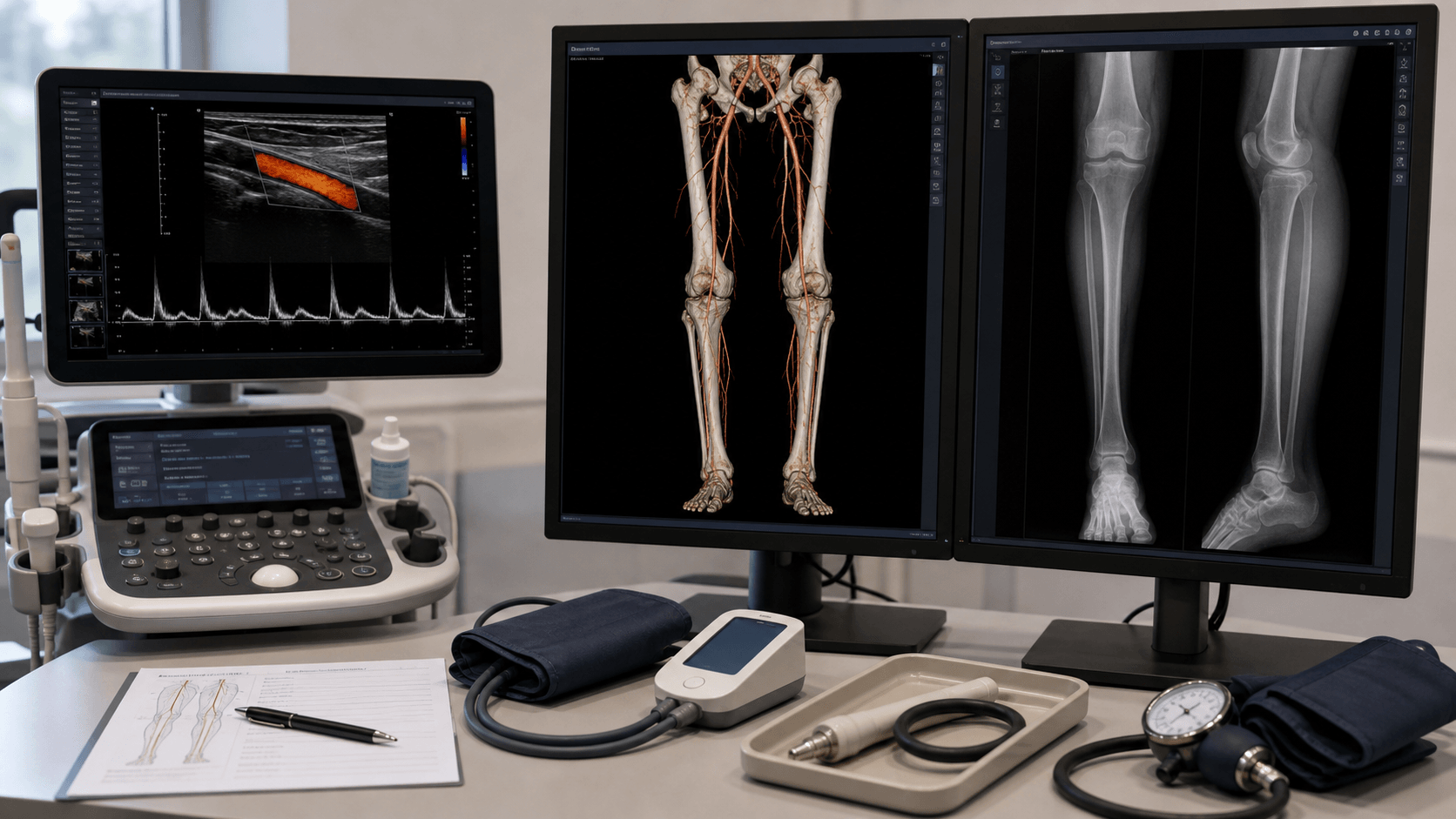 Vascular lab workstation with duplex ultrasound, lower limb vascular imaging, radiographs and ankle pressure cuff