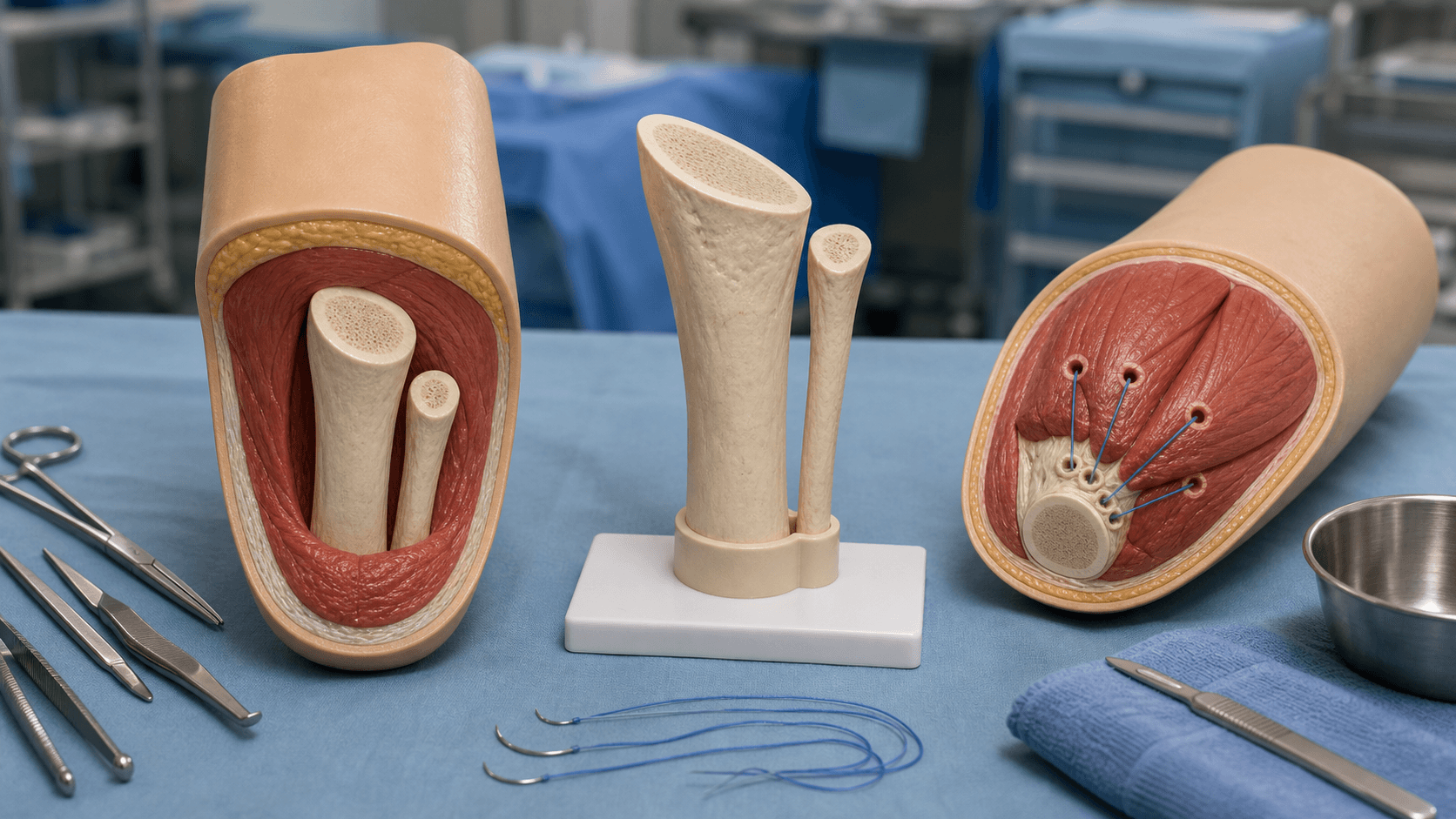 Transtibial amputation teaching model with posterior soft-tissue flap, tibia and fibula bone models