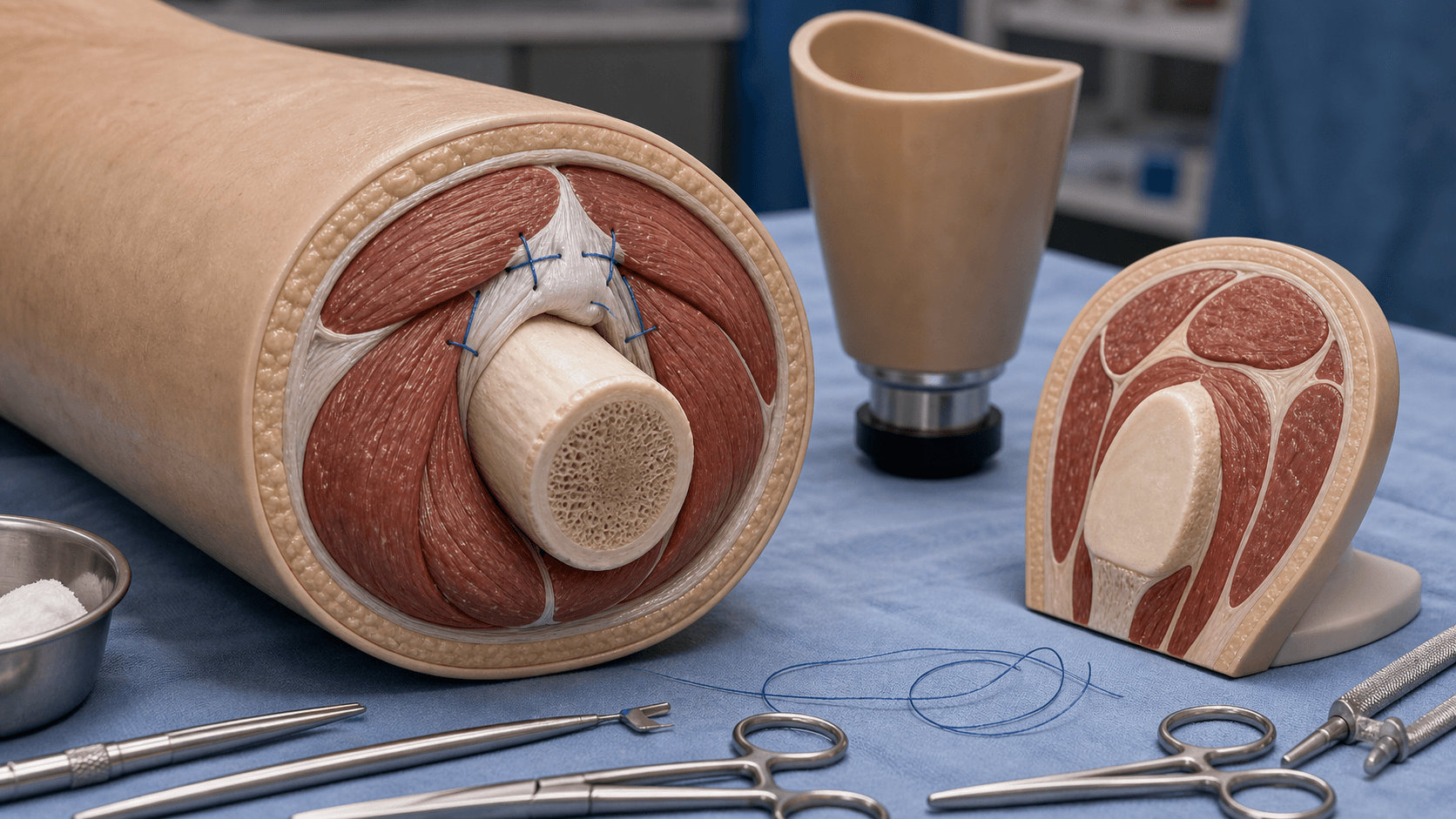 Transfemoral amputation training model showing femur end, thigh muscle envelope and prosthetic socket