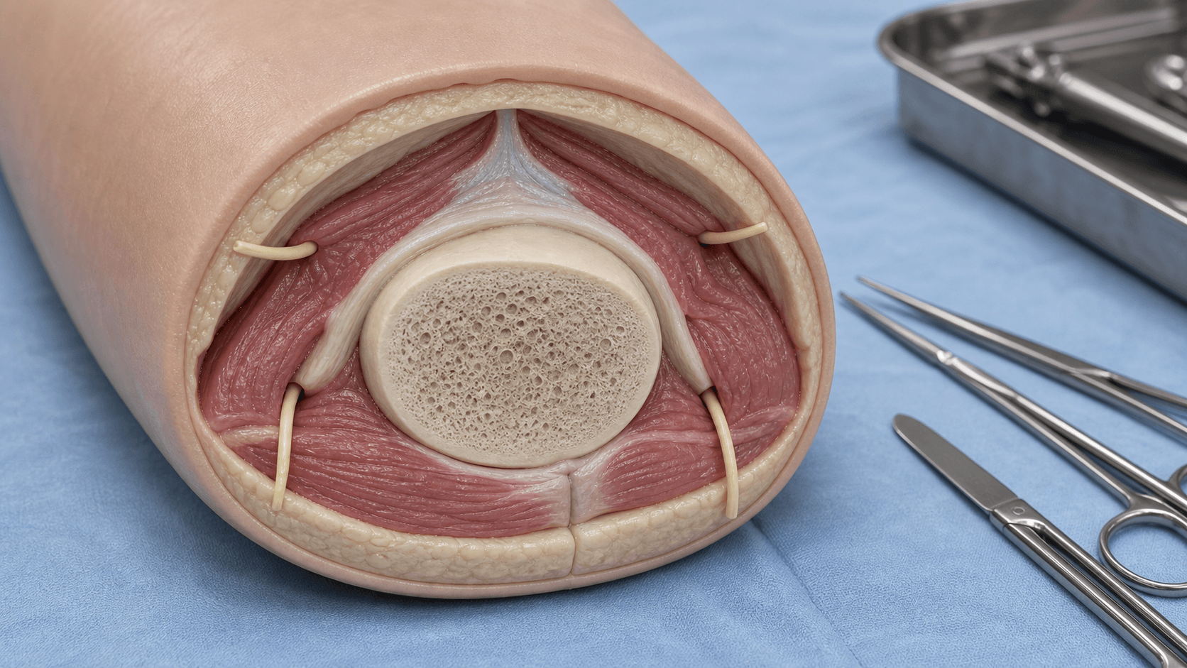 Surgical teaching model showing rounded bone end, soft tissue coverage and nerve management concept
