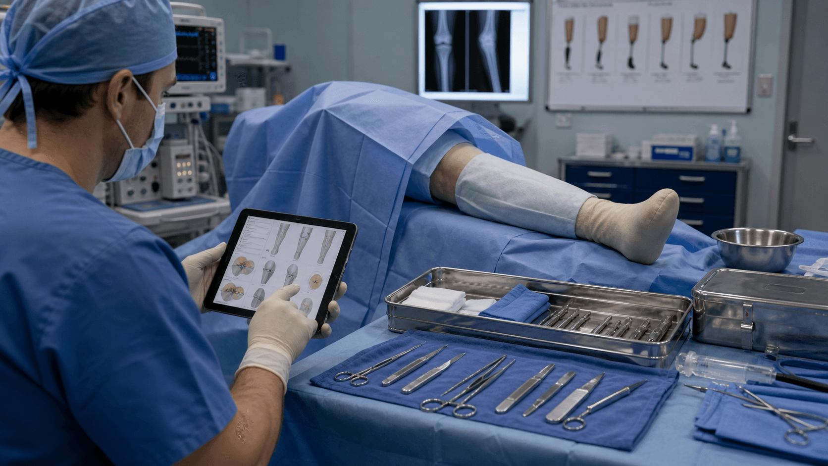 Operating-room staged infection-control planning scene with covered lower limb model and sterile instruments