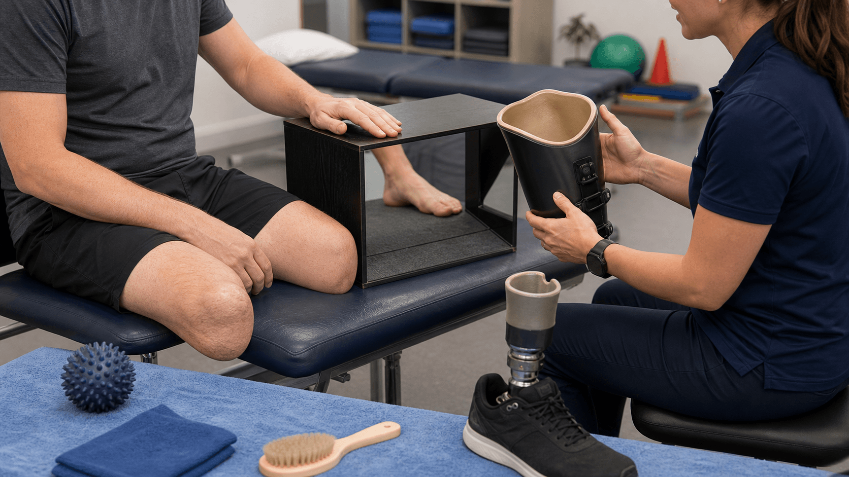 Rehabilitation clinic scene with mature residual limb, mirror therapy setup and prosthetic socket review