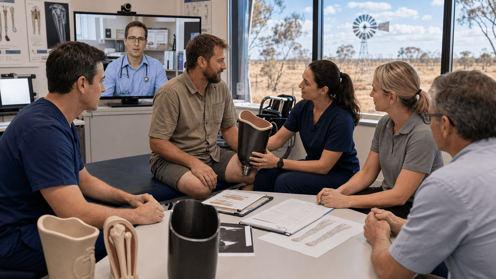 Australian rehabilitation planning scene with prosthetic socket fitting, telehealth and multidisciplinary discussion