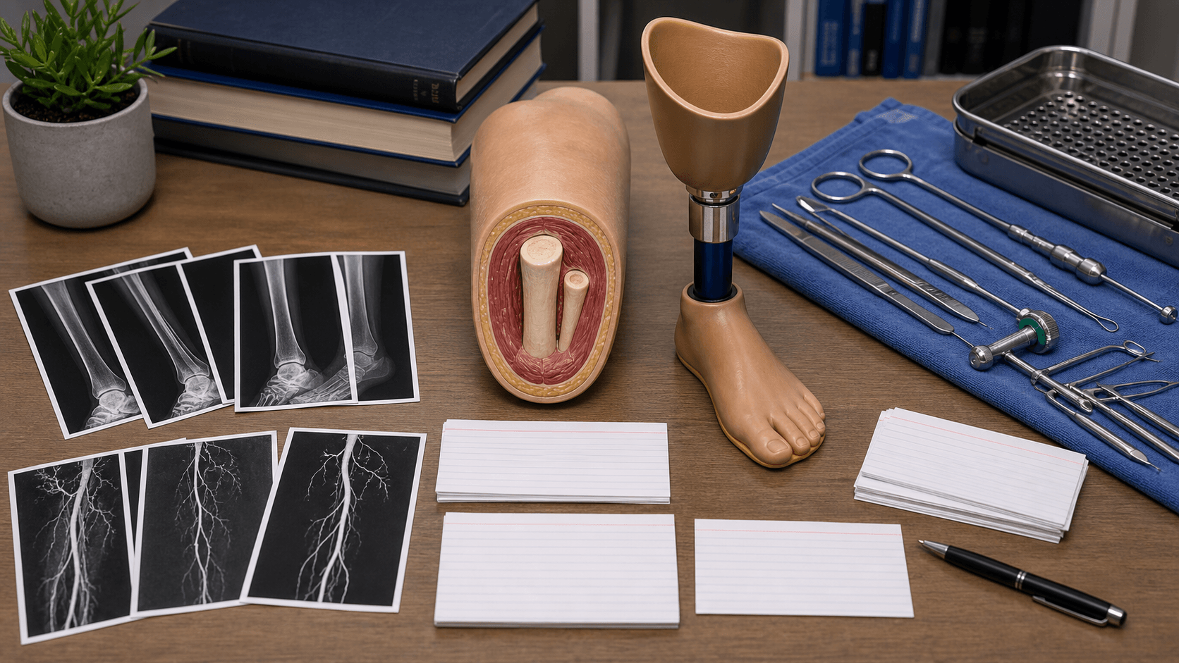 Orthopaedic revision desk with lower-limb residual-limb model, prosthetic socket, lower limb imaging and blank note cards