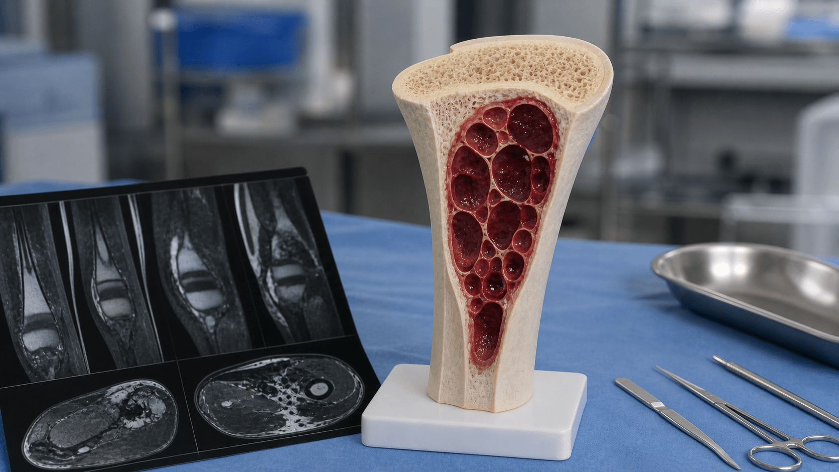 Bone teaching model showing expansile multiloculated aneurysmal bone cyst cavities in a metaphyseal long-bone segment