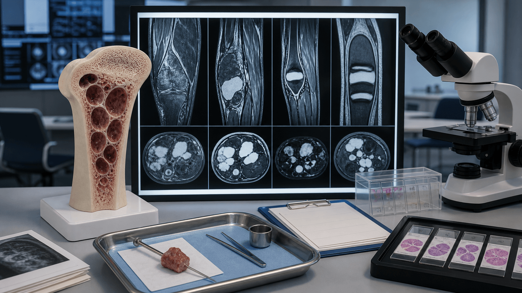 Orthopaedic oncology workup setup with bone lesion model, MRI films, biopsy tray and pathology slides