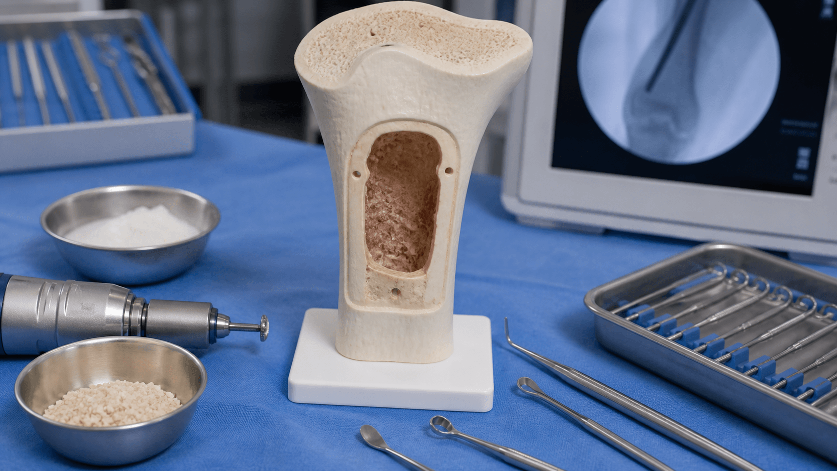 Bone training model with cortical window, curettage cavity, burr, curettes, graft chips and cement bowl
