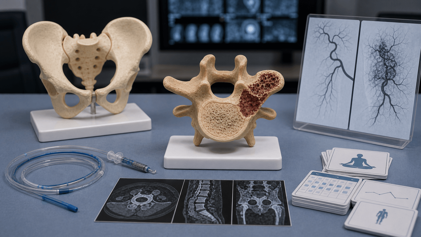 Single vertebra teaching model with posterior element cystic lesion, angiography props and follow-up planning cards
