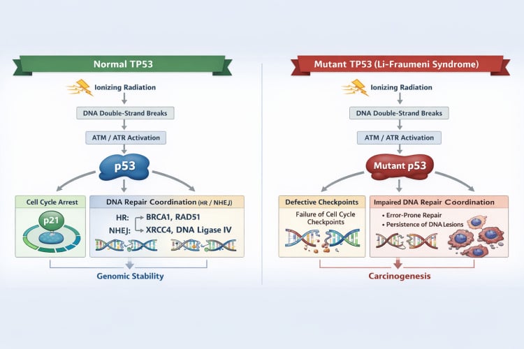 Schematic contrasting normal TP53-mediated repair of radiation-induced DNA damage with defective checkpoints in mutant TP53