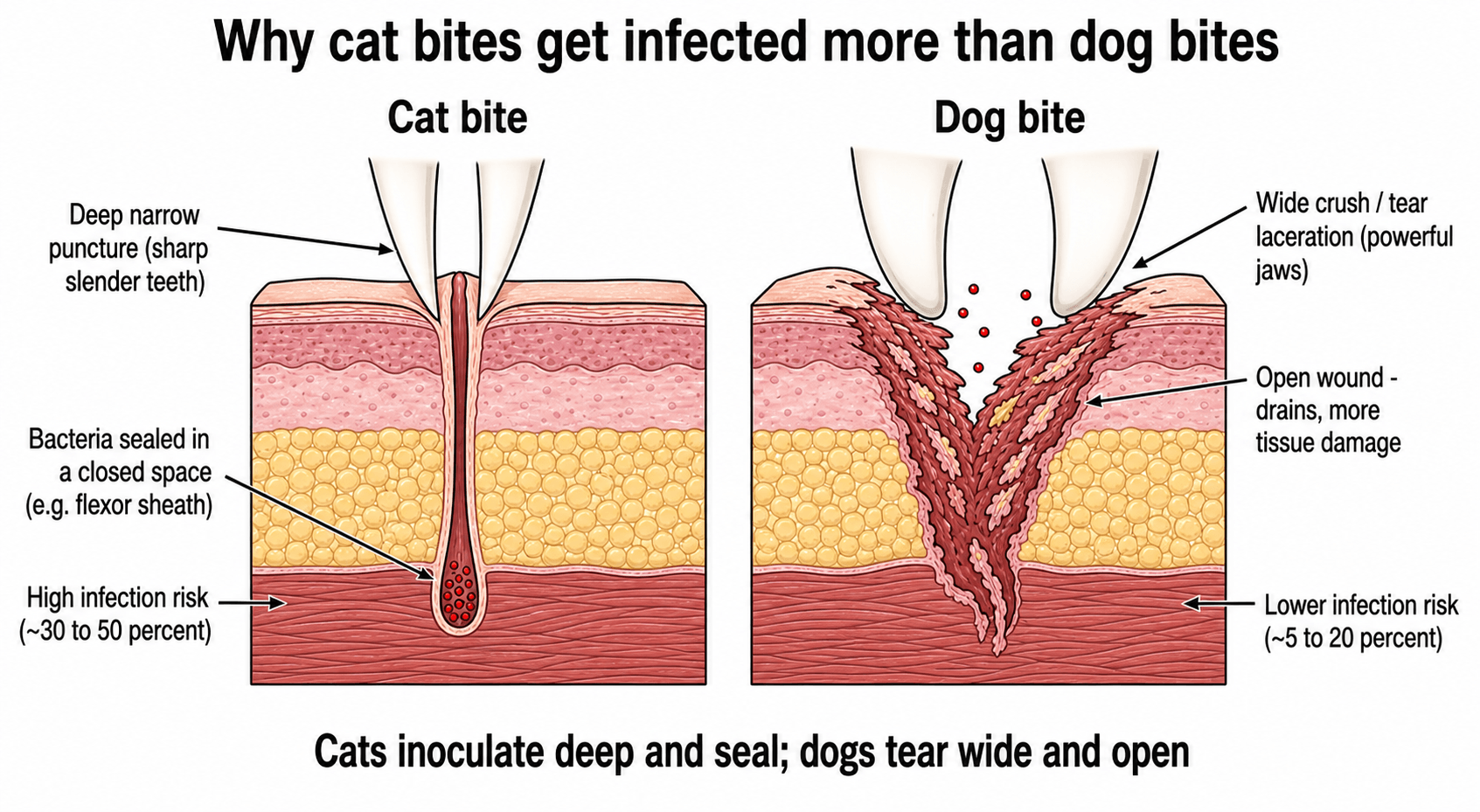 Two-panel cross-section diagram contrasting a deep narrow sealed cat puncture (high infection) with a wide open dog laceration (lower infection)