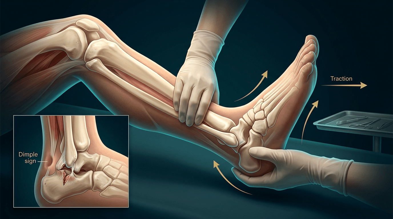 Illustration of controlled closed ankle reduction with the knee flexed and traction applied, with an inset showing the dimple sign