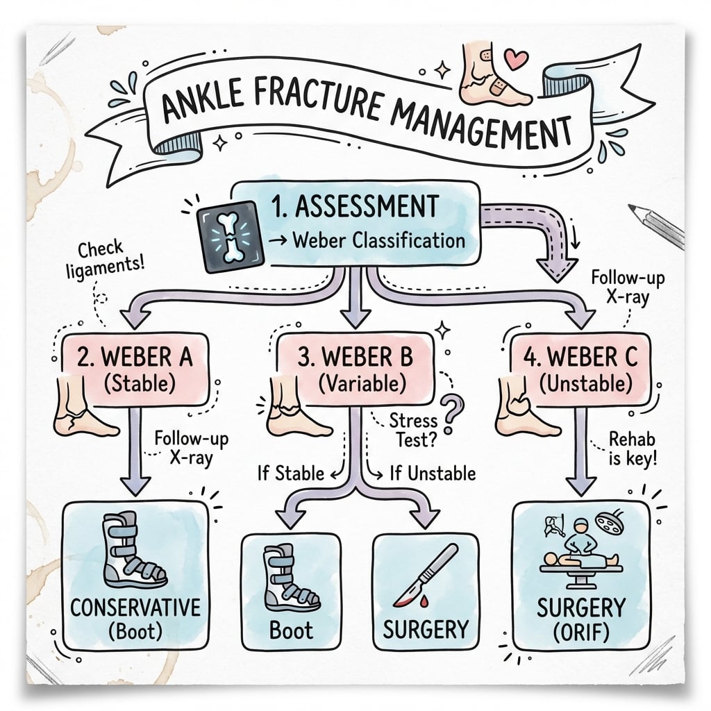Ankle fractures management algorithm flowchart (Visual Sketchnote)