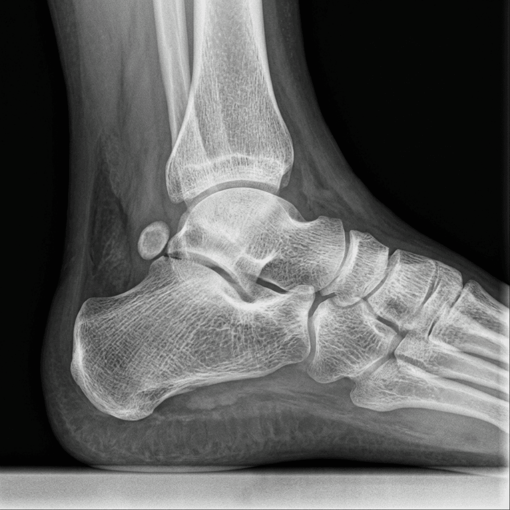 Lateral weight-bearing ankle radiograph showing an os trigonum, a small round accessory ossicle posterior to the lateral tubercle of the talus.