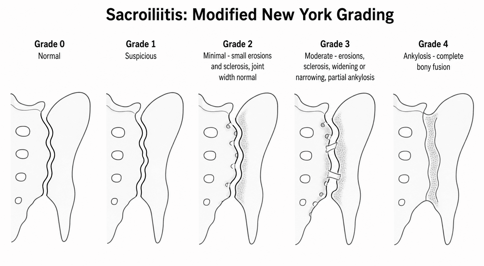 Diagram of the modified New York radiographic grading of sacroiliitis from grade 0 (normal) to grade 4 (complete ankylosis).