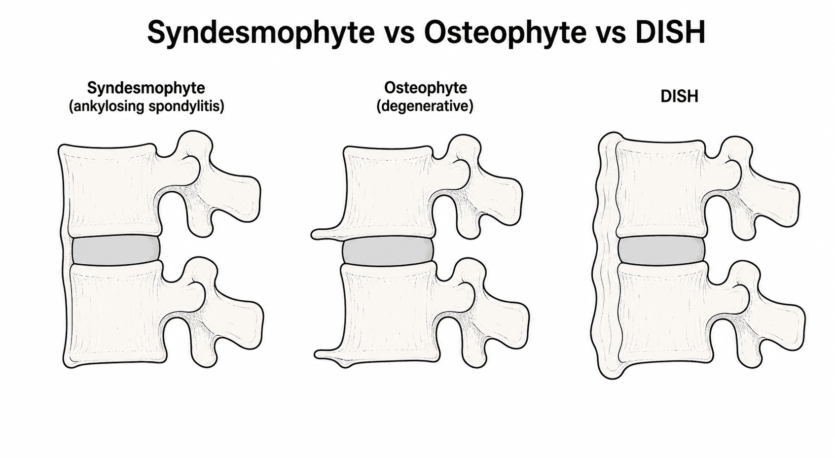 Diagram comparing a marginal syndesmophyte of ankylosing spondylitis with a degenerative osteophyte and DISH ossification.