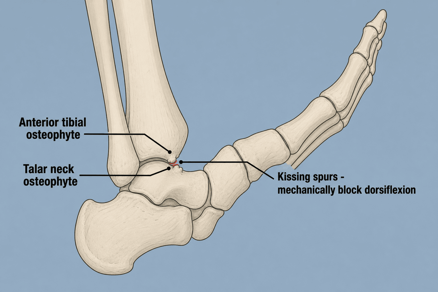 Schematic lateral ankle showing anterior tibial and talar neck osteophytes impinging as kissing spurs at end-range dorsiflexion