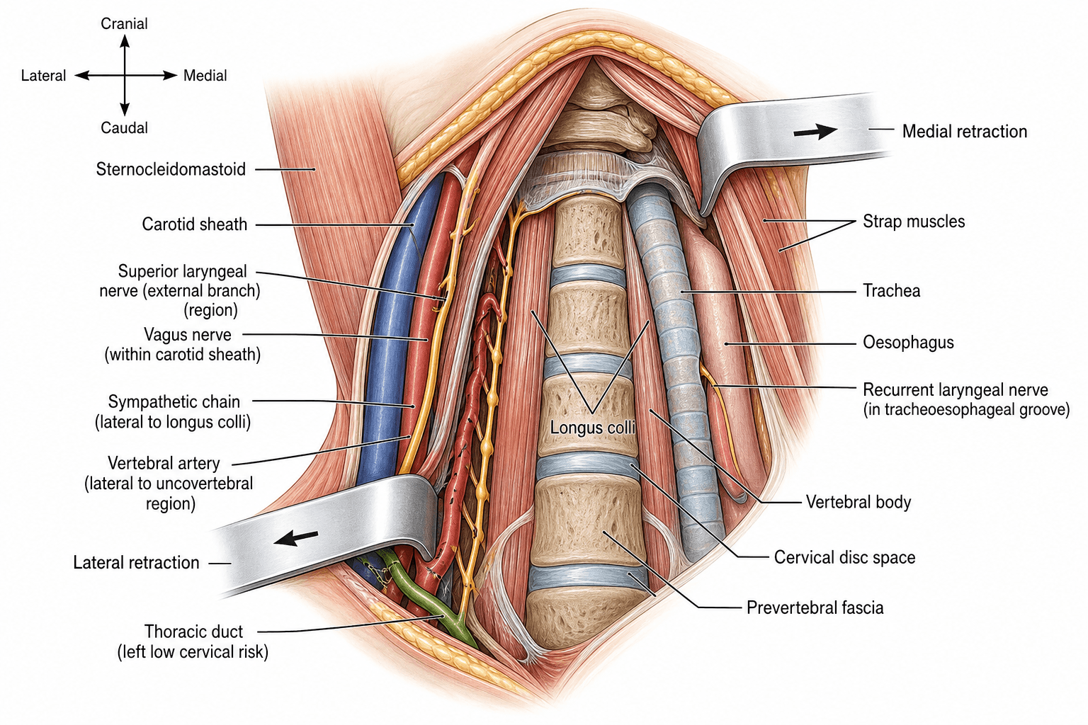 Anterior (Smith-Robinson) approach to the cervical spine showing structures at risk