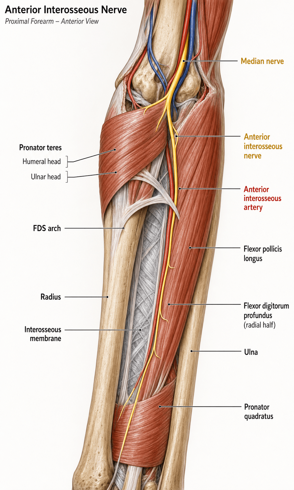 Surgical anatomy diagram of the anterior interosseous nerve guiding the volar forearm approach and nerve transfer technique.