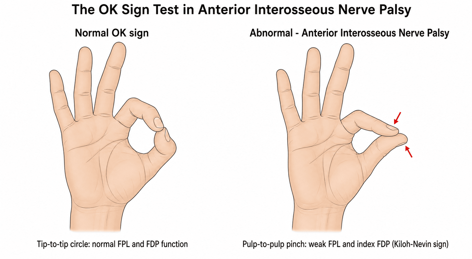 Illustration comparing the normal OK sign (tip-to-tip circle) with the abnormal pinch seen in anterior interosseous nerve palsy (pulp-to-pulp, extended IP joints)