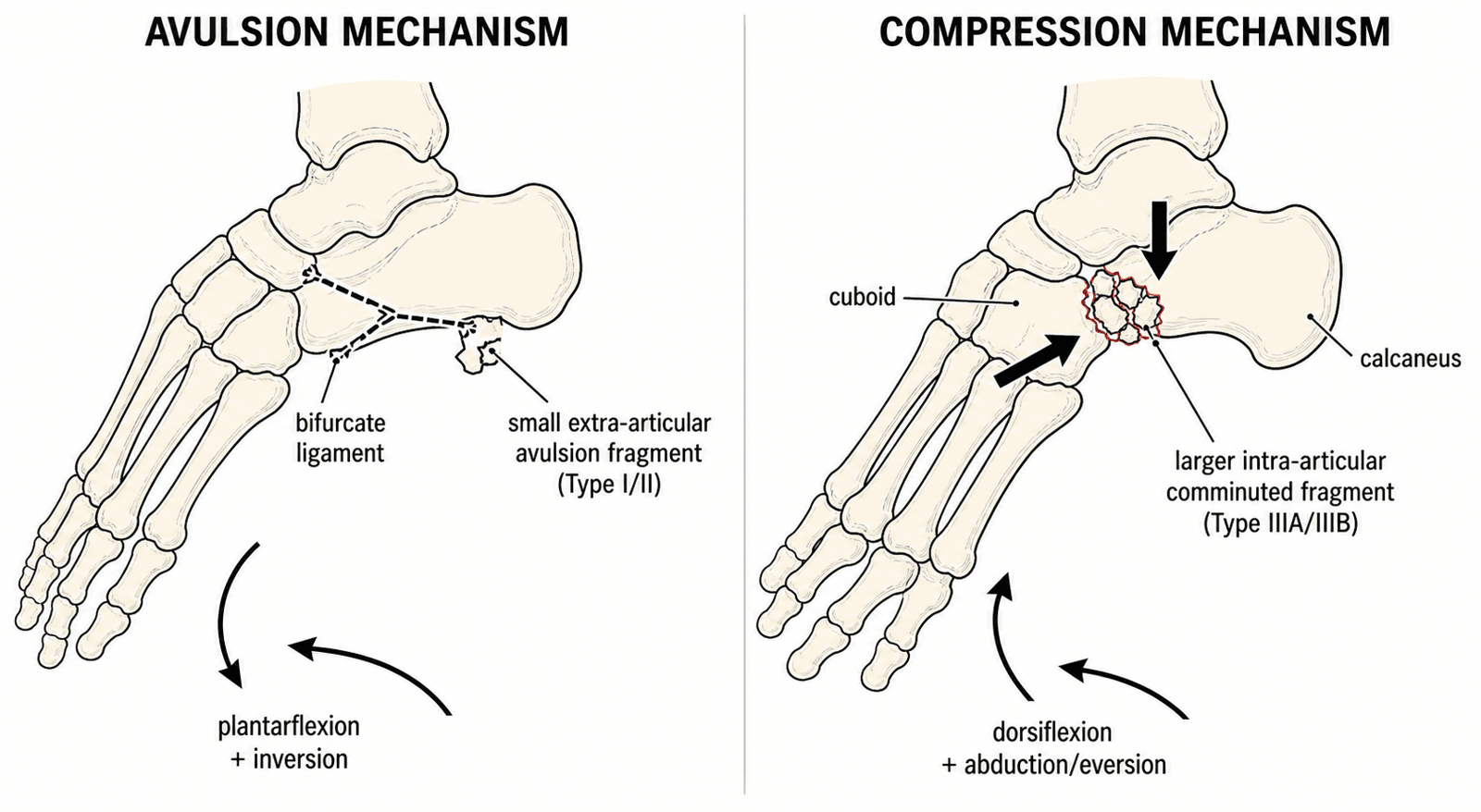 Lateral foot schematic comparing the avulsion mechanism producing a small extra-articular fragment against the compression mechanism producing a larger intra-articular comminuted fragment