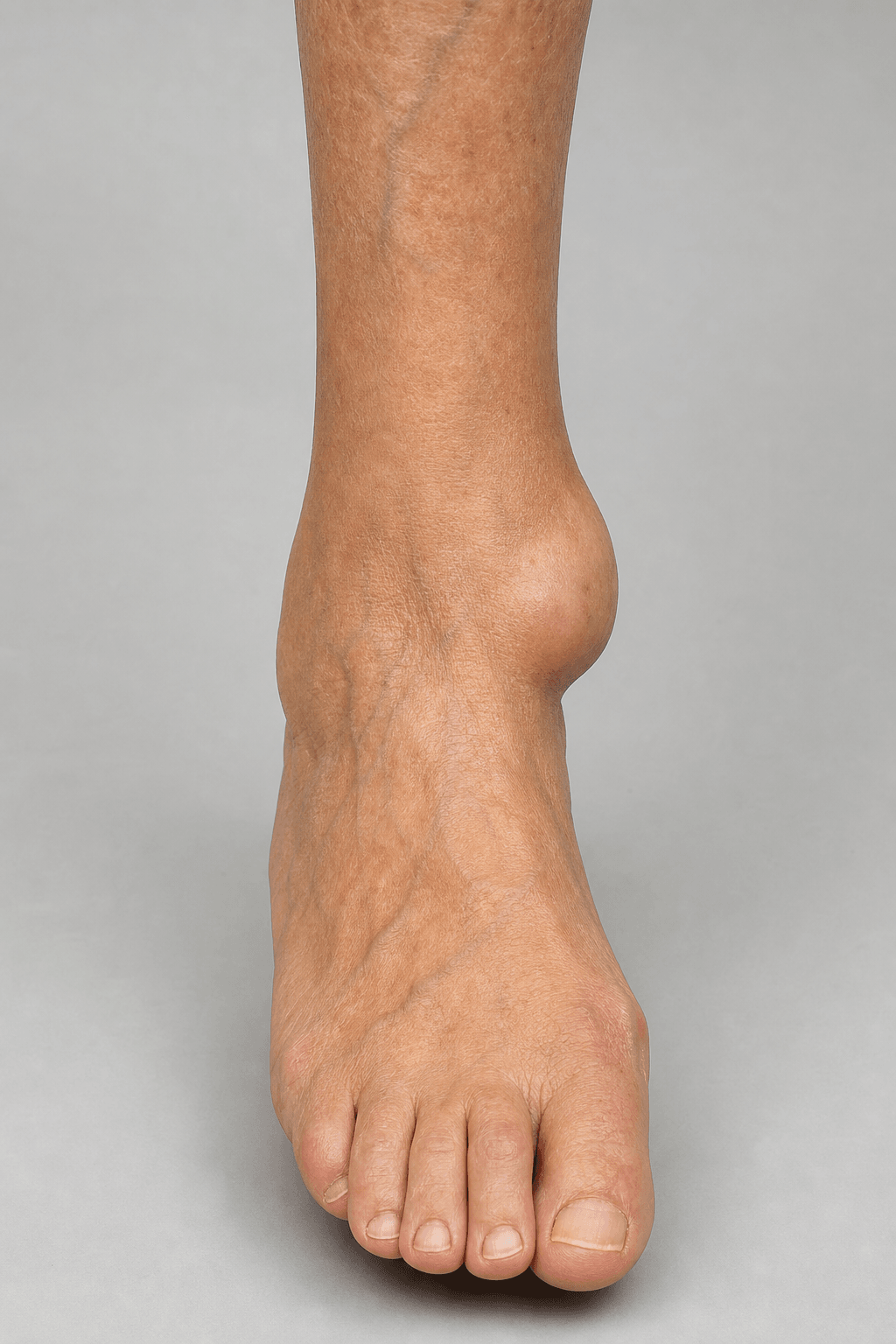 Clinical photograph of the anteromedial ankle - the site examined for a tibialis anterior tendon pseudotumour and absent tendon.