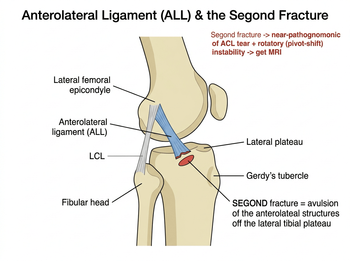 Lateral knee diagram of the anterolateral ligament running from the lateral femoral epicondyle to the lateral tibia, with a Segond fracture avulsion off the lateral tibial plateau