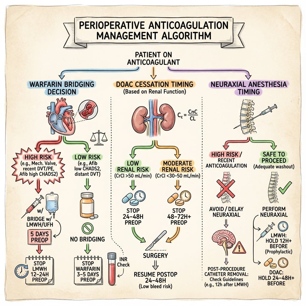 Perioperative anticoagulation management algorithm showing decision tree for bridging and cessation timing