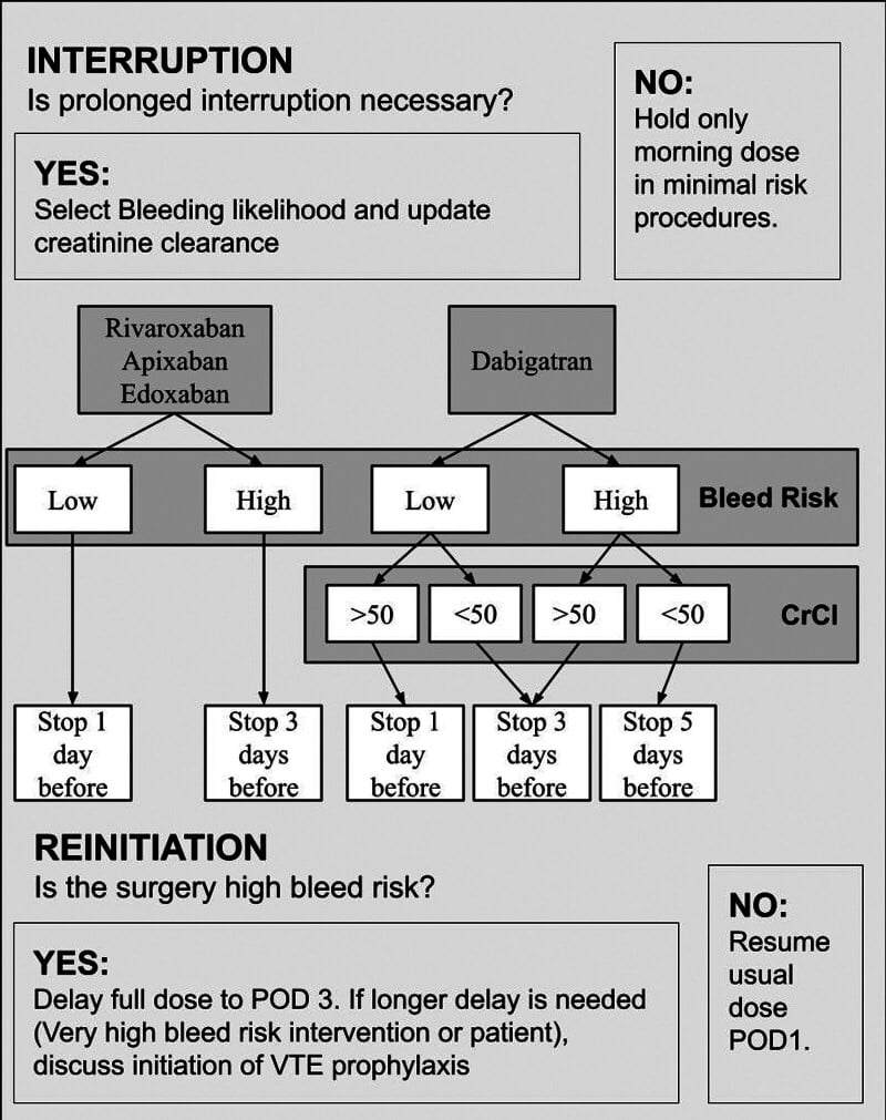 Perioperative DOAC interruption protocol algorithm based on PAUSE and ASRA guidelines