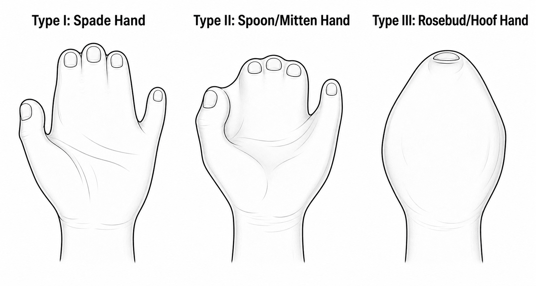 Illustration of the Upton classification of the Apert hand: Type I spade, Type II spoon/mitten, Type III rosebud/hoof