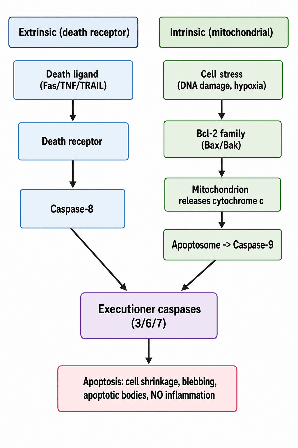 Flowchart of apoptosis showing the extrinsic death-receptor pathway and intrinsic mitochondrial pathway converging on executioner caspases