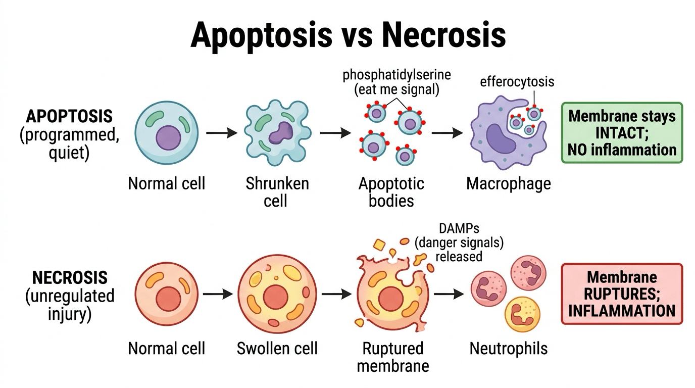 Comparison of apoptosis and necrosis showing the cell fate in each: apoptosis with shrinkage, apoptotic bodies, efferocytosis and no inflammation versus necrosis with swelling, membrane rupture, DAMP release and inflammation