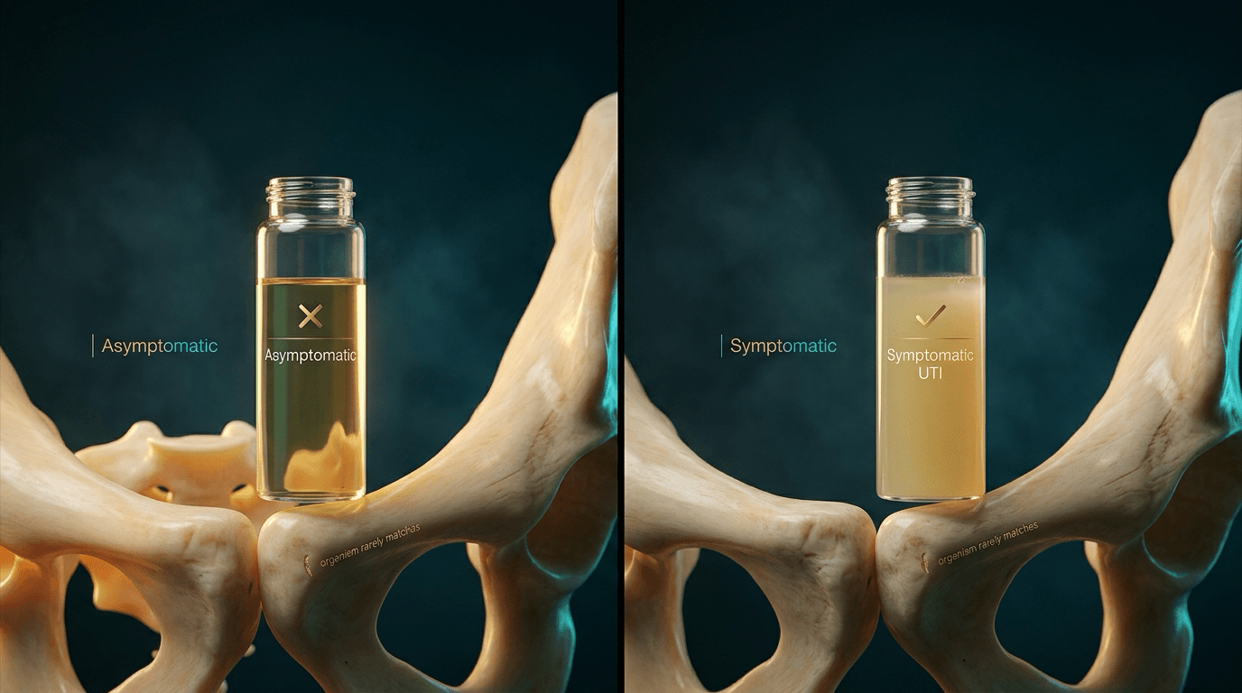 Two urine vials: a clear one labelled Asymptomatic with a cross, and a turbid one labelled Symptomatic UTI with a tick.