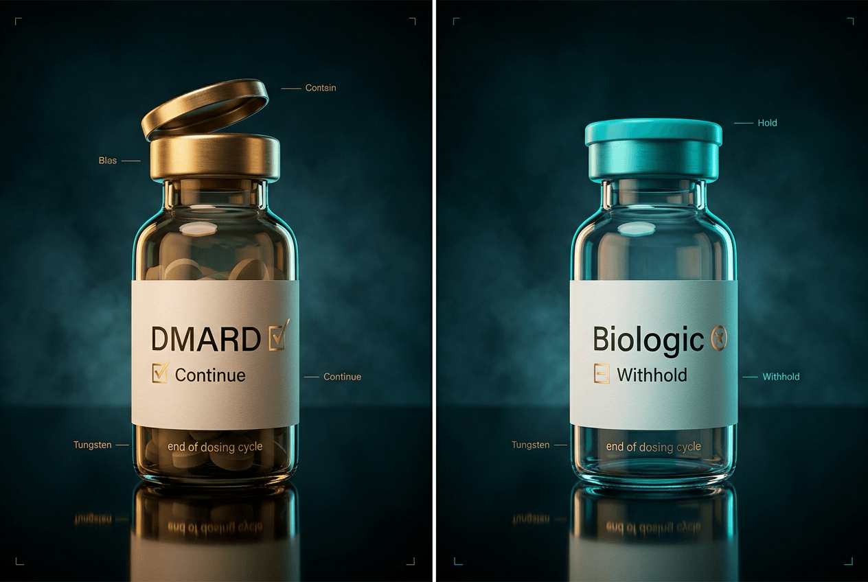 Two-panel still: an open DMARD vial labelled Continue versus a sealed biologic vial labelled Withhold.