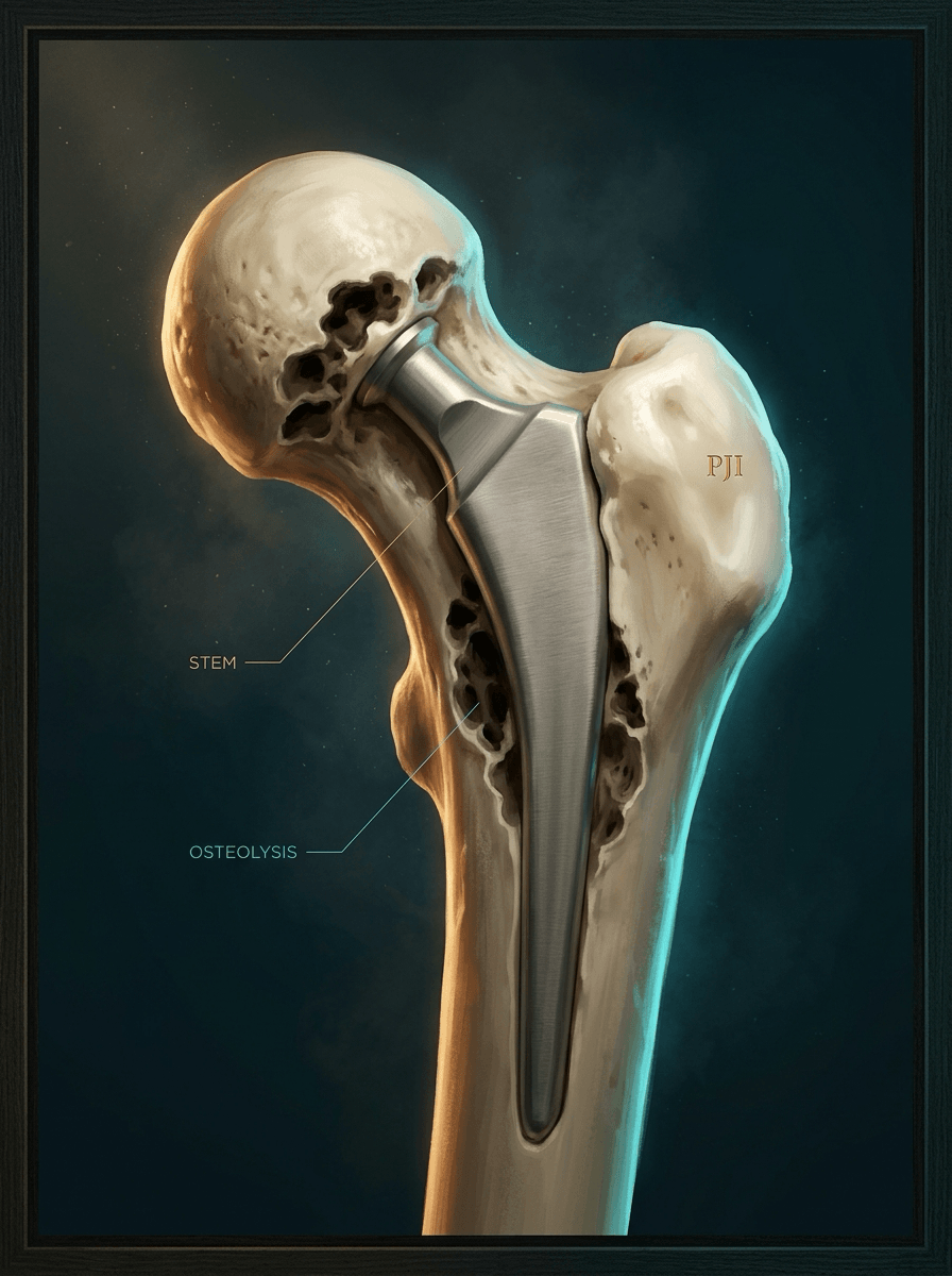 Ivory proximal femur with a titanium stem and dark scalloped cavities around it labelled osteolysis — the catastrophe optimisation is trying to prevent.