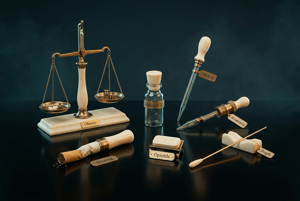 Still life of seven objects: a scale, an albumin vial, glucose and haemoglobin pipettes, a cigarette, an opioid tablet and a nasal swab.
