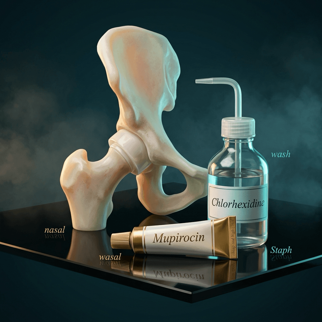 A gold-capped mupirocin tube and a chlorhexidine wash bottle in front of an ivory hip prosthesis.