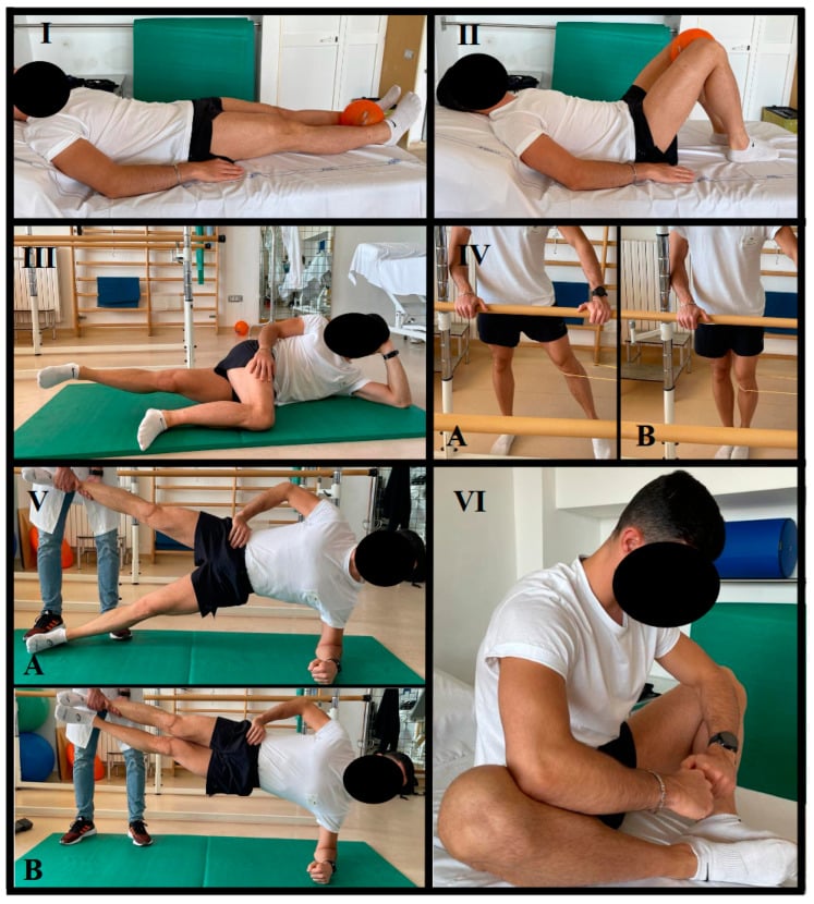 Six-panel progression of isometric, side-lying, banded and Copenhagen adductor strengthening exercises