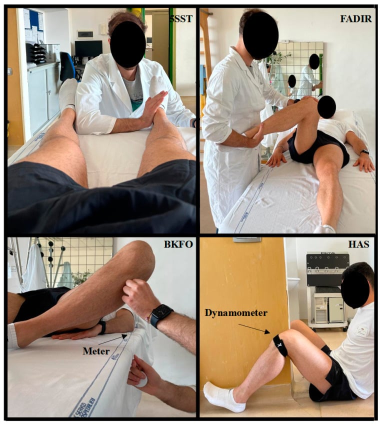 Four-panel clinical examination showing the five-second squeeze, FADIR, bent-knee fall-out and hip-adduction strength tests