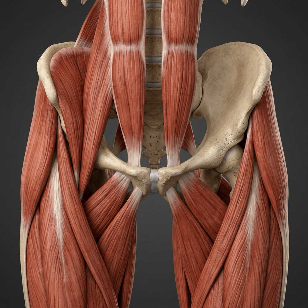 Realistic anatomical render of the anterior pelvis and groin showing the adductor muscles arising from the pubis and the lower abdominal wall musculature.