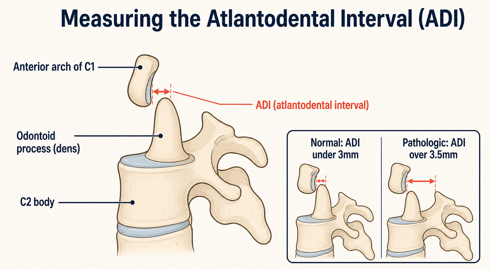 Schematic showing how the atlantodental interval (ADI) is measured between the anterior arch of C1 and the odontoid process, comparing a normal narrow gap with a pathologically widened gap