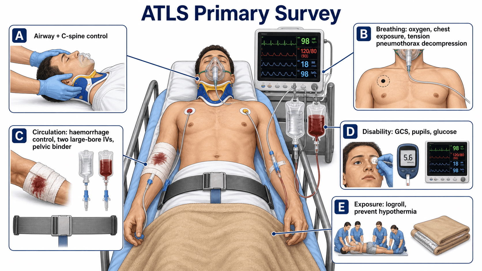 ATLS primary survey ABCDE: airway+C-spine, breathing, circulation, disability, exposure