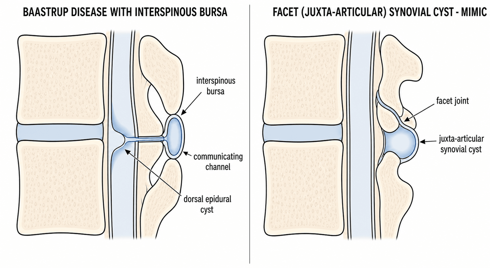 Sagittal schematic comparing a Baastrup interspinous bursa with a communicating channel into a dorsal epidural cyst against a laterally-arising facet juxta-articular synovial cyst