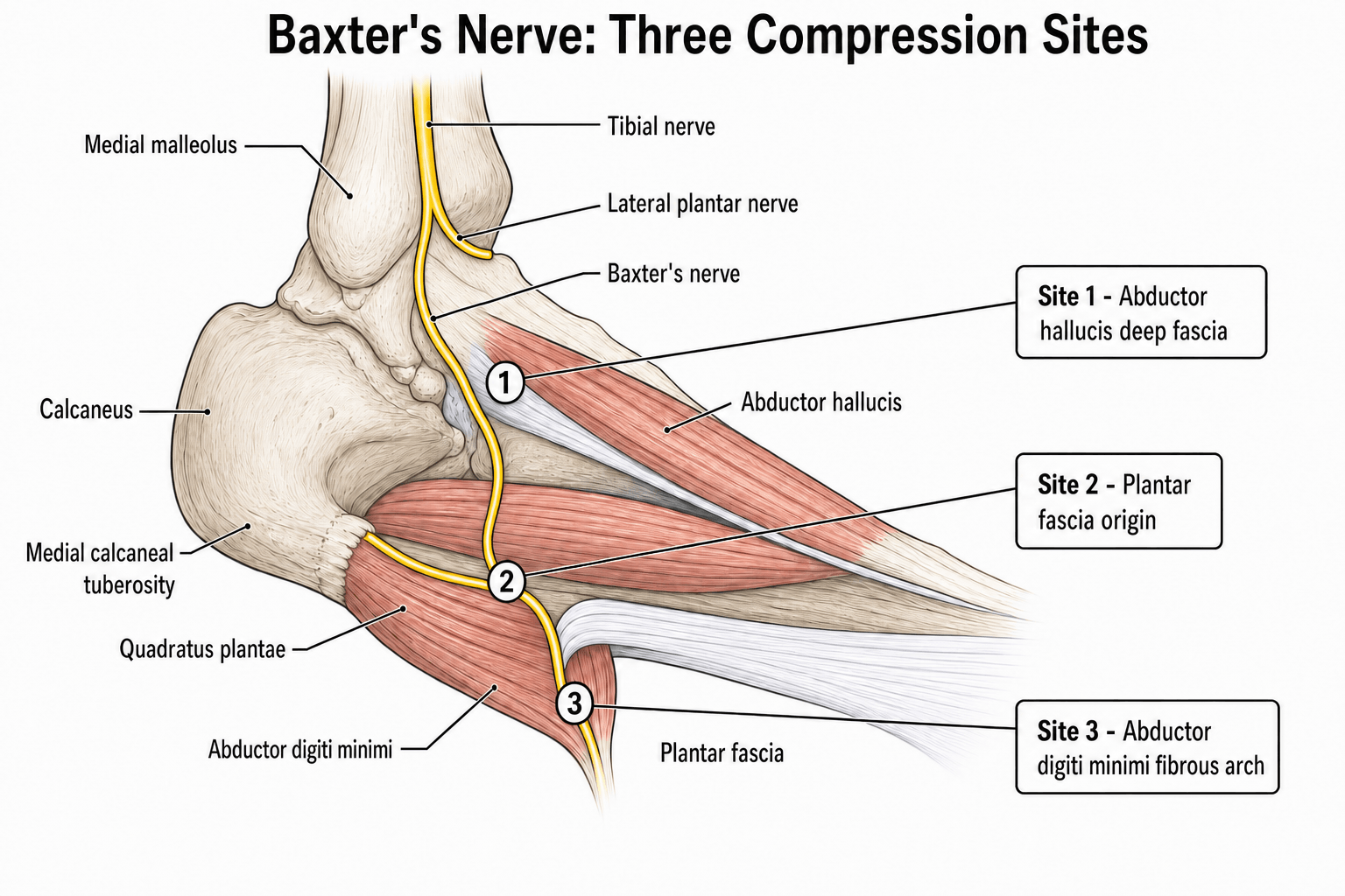 Medial hindfoot diagram tracing Baxter's nerve from the tibial nerve through its three compression sites: abductor hallucis deep fascia, plantar fascia origin, and abductor digiti minimi fibrous arch.