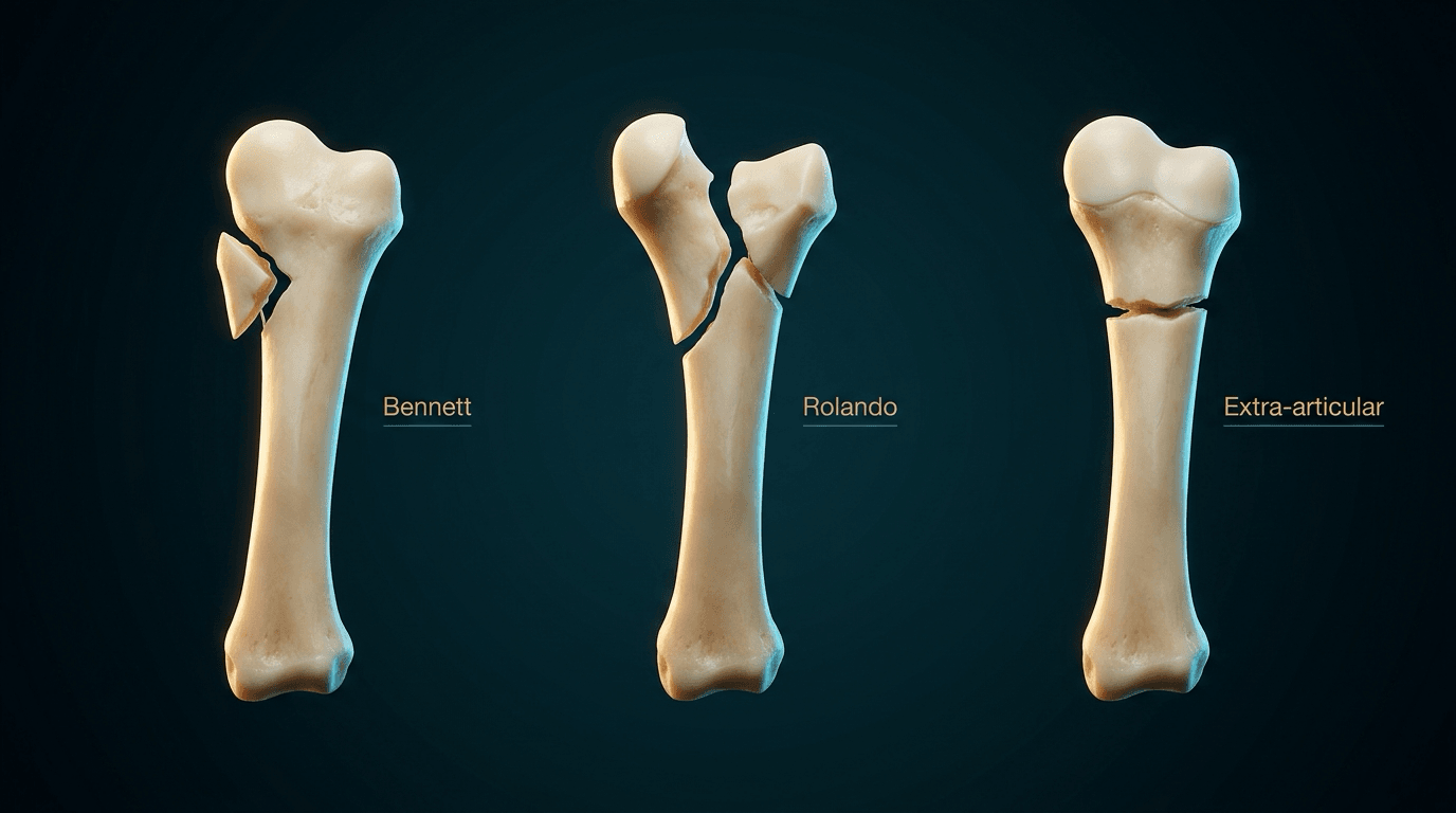 Three ivory first-metacarpal bases: two-part Bennett, Y-shaped Rolando, and extra-articular Winterstein fracture.