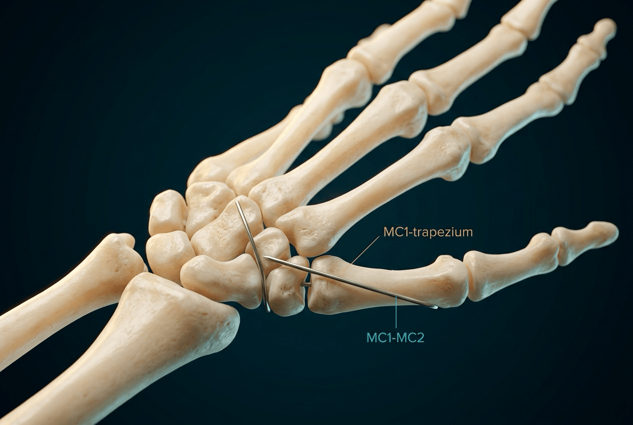 Reduced Bennett fracture held with a K-wire from first metacarpal into trapezium and a second wire from first into second metacarpal.